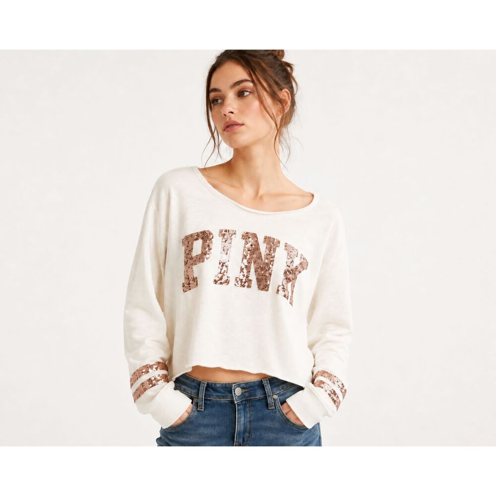 PINK Victoria's Secret Rose Gold Sequin Logo Cropped Sweatshirt Y2K Boho Retro S